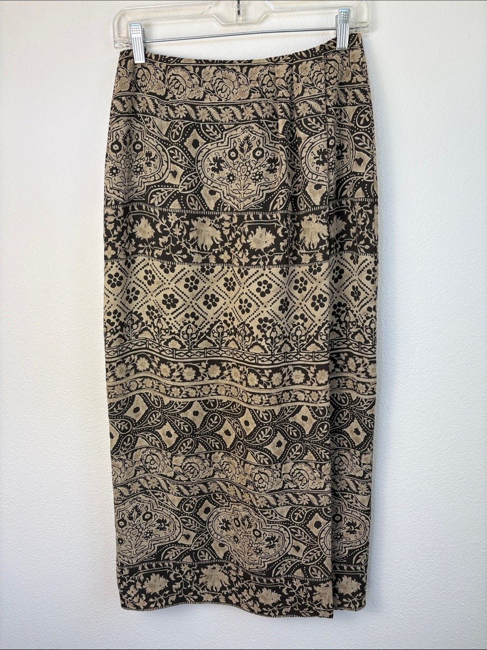 Vintage Chaus Boho Border Print Faux Wrap Midi Maxi Skirt Brown Tan Pleated 4